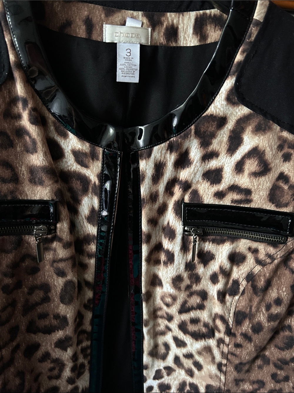 Chico’s Size 3 Leopard Print Jacket Faux Leather Trim Animal Print Blazer - Picture 4 of 6